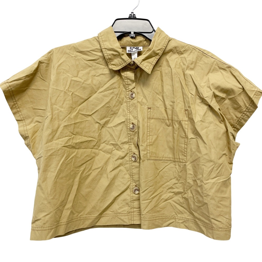 Future Collective Women's Tan Cotton Boxy Button Down Crop Shirt Size Large